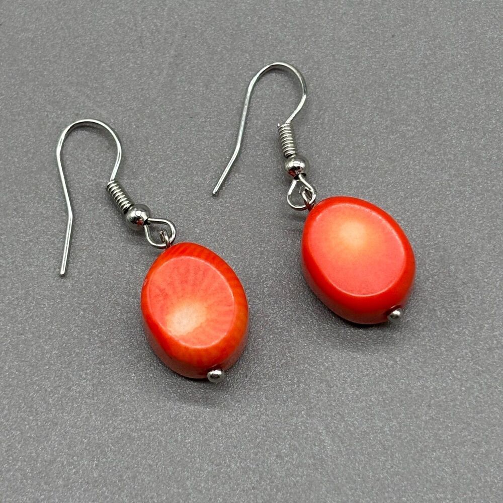 Bamboo Coral Slice Dangle Drop Earrings Orange Red Oval Bead Silver Tone Hooks